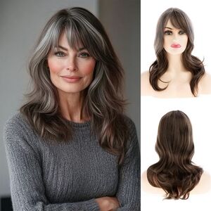 Womens Long Wavy Grey Brown‎ Wigs for Women Synthetic Heat Resistant Wig